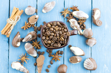 Coffee composition top view. Good mood with chocolate.