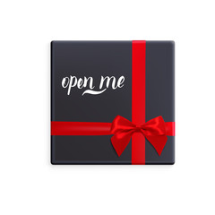 Black gift box with red ribbon and bow. Vector illustration with isolated design elements. Letterig open me