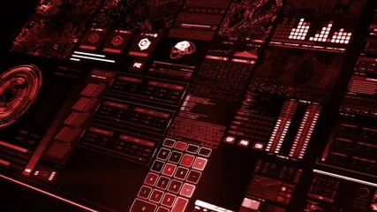 Perspective view of red futuristic interface/Digital screen/Detailed abstract background. Blinking and switching indicators of command center computer,processing data, AI.