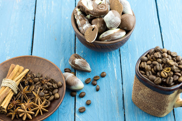 Coffee with spices and sweets in earthenware.