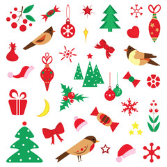 Set of Christmas characters and icons. Kids in festive costumes