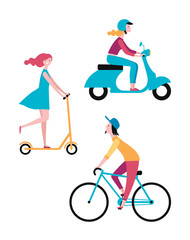 People_figure1/People on the street. Vector set of characters. A girl rides a scooter. A man rides a bicycle. Color image.