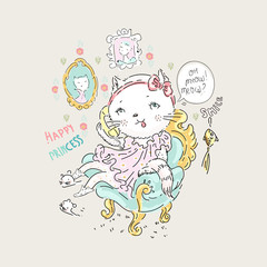 Cute cat princess phone in the armchair with gold fish and slogan. Vector baby illustration for fashion apparels, t shirt and printed design.