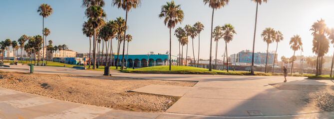 Panoramic view at the Venice beach during morning sunrise from the skatepark. © Aerial Film Studio