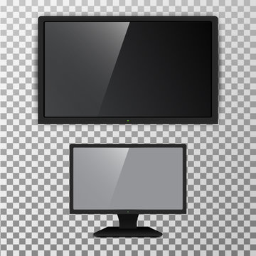 Realistic TV screen lcd, plasma isolated on transparent background. Vector illustration. 