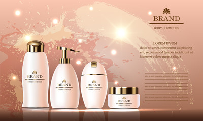 Cosmetic beauty set of body cream, gel, shampoo, soap, packing for skin care, white bottles on grunge background. Vector illustration.
