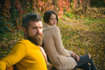 Fototapeta premium Autumn happy couple of girl and man outdoor.