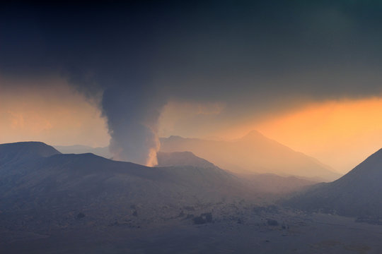 Volcanic activity in mount Bromo in Indonesia