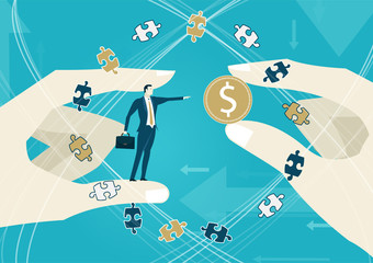 Businessman pointing on the dollar symbol and surrounded by puzzle pieces. Market fall, economy concept. 