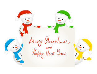 Snowmen holding card with text Merry Christmas and Happy New Year