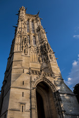 Saint-Jacques Tower (Tour Saint-Jacques) located on Rivoli street in Paris, France. This 52 m Flamboyant Gothic tower is all that remains of former XVI century Church of Saint-Jacques-de-la-Boucherie.