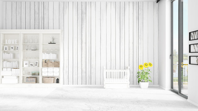 Scene with brand new interior in vogue with white rack and baby bed. 3D rendering. Horizontal arrangement.