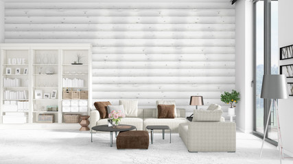 Scene with brand new interior in vogue with white rack and modern bed. 3D rendering. Horizontal arrangement.