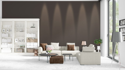 Scene with brand new interior in vogue with white rack and modern bed. 3D rendering. Horizontal arrangement.