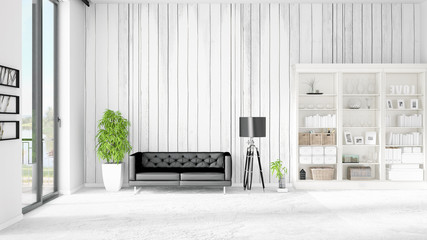 Modern interior in vogue with black leather couch and copyspace in horizontal arrangement. 3D rendering.