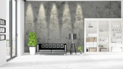 Modern interior in vogue with black leather couch and copyspace in horizontal arrangement. 3D rendering.