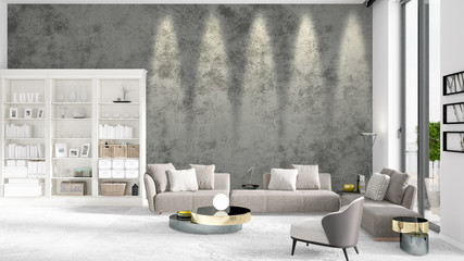 Scene with brand new interior in vogue with white rack and modern grey sofa. 3D rendering. Horizontal arrangement.