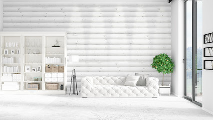 Modern loft interior in vogue with white couch and copyspace in horizontal arrangement. 3D rendering.