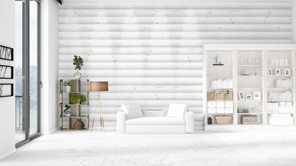 Modern loft interior in vogue with white couch and copyspace in horizontal arrangement. 3D rendering.