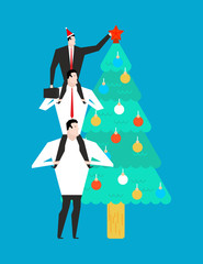 New Year corporate party. Businessman decorates Christmas tree. Christmas at office. Manager in hat of Santa Claus. Vector illustration