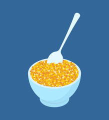 Bowl of corn porridge and spoon isolated. Healthy food for breakfast. Vector illustration