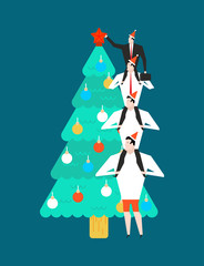 New Year corporate party. Businessman decorates Christmas tree. Christmas at office. Manager in hat of Santa Claus. Vector illustration