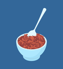 Bowl of Red rice porridge and spoon isolated. Healthy food for breakfast. Vector illustration