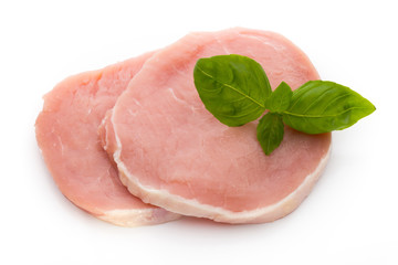 Fresh raw beef steak isolated on white background, top view.