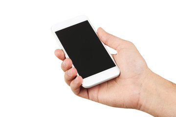 Male hand holding smartphone on white background