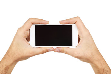 Male hands holding smartphone on white background