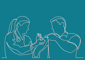continuous line drawing of doctor making vaccination shot to man