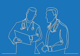 continuous line drawing of doctors discussing diagnosis