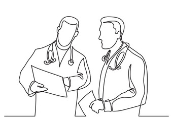 continuous line drawing of doctors discussing diagnosis