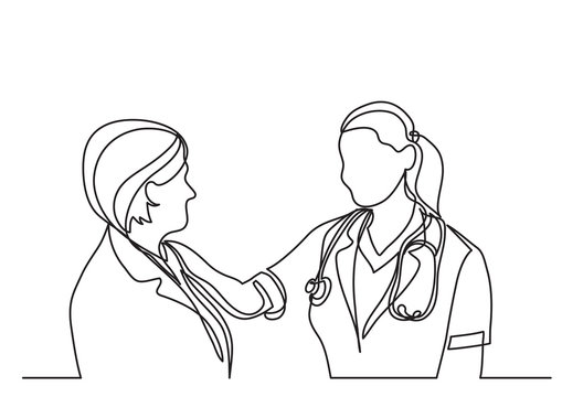 continuous line drawing of doctor and woman patient talking