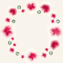A floral wreath with one stroke gouache flowers and leaves. Place for text, copyspace.