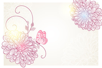 Hand-drawing floral background with flower chrysanthemum and butterfly . Stylish greeting card. Vector illustration.