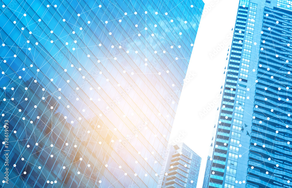 Aufkleber smart city and internet with network - communication connection on city building background.