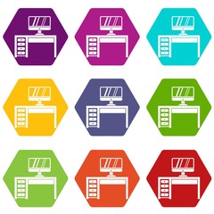 Computer desk, workplace icon set color hexahedron