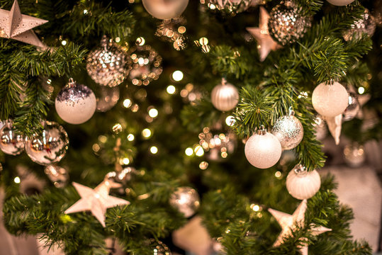 Beautiful Christmas Background. Decorated Christmas Tree Close Up