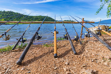 Fototapeta na wymiar Fishing rods in Bang Phra reservoir
