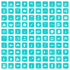 100 restaurant icons set grunge blue