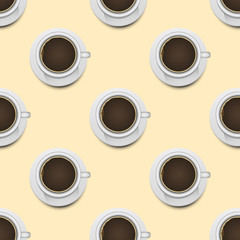 Coffee cups top view realistic 3d seamless pattern background food design restaurant cafe menu shop vector illustration.