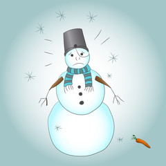 hand drawing of a sad snowman who lost his nose-carrot. Illustration on a Christmas theme. Vector graphics