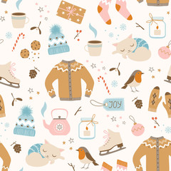 Christmas seamless pattern with cozy winter clothes and cute winter holiday elements.