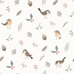 Christmas flora seamless pattern with cute little birds.