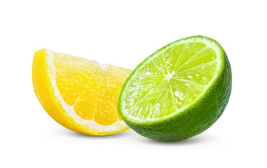 Slice of lemon and lime fruit isolated on white background