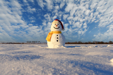 Funny snowman in Santa hat