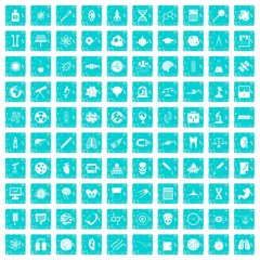 100 science icons set grunge blue