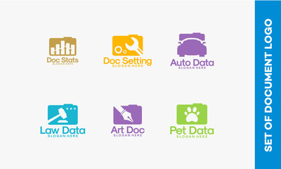 Set Of Document Logo , Document Stats, Document Setting, Auto Data logo, Law, Data logo, Art Document, Pet Data logo designs vector