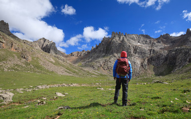 Fototapeta premium woman hiker with backpack hiking at high altitude mountains
